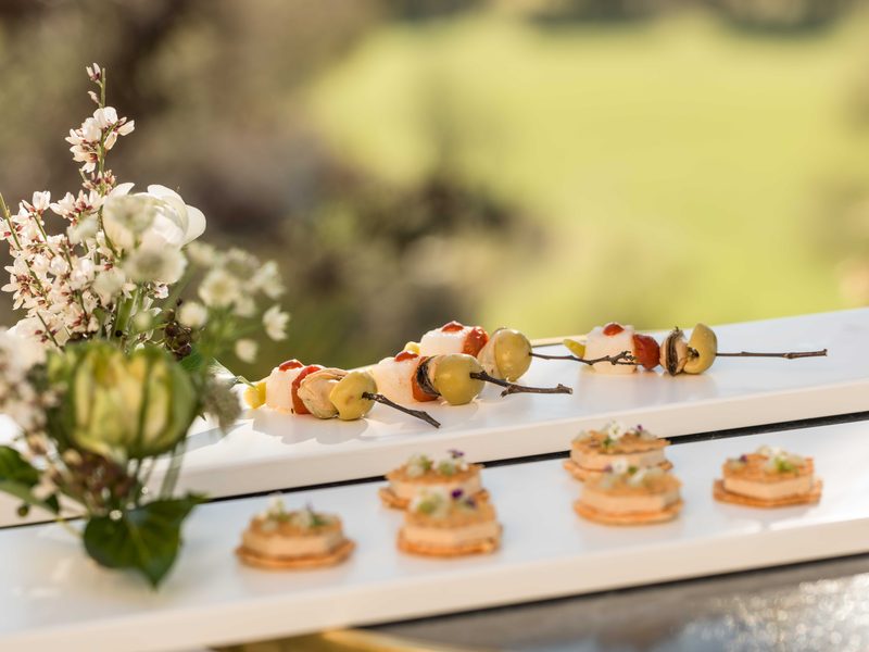 Aperitivos en hilera sobre la barra, con el jardín detrás